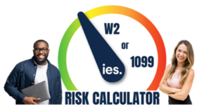 a man and woman smiling next to a risk calculator